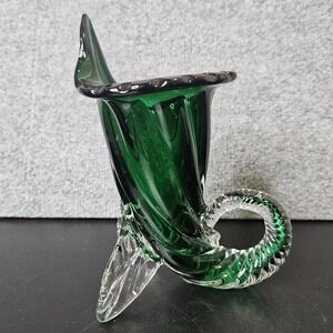 Murano Style Cornucopia Art Glass Green‎ Clear Vase Figurine